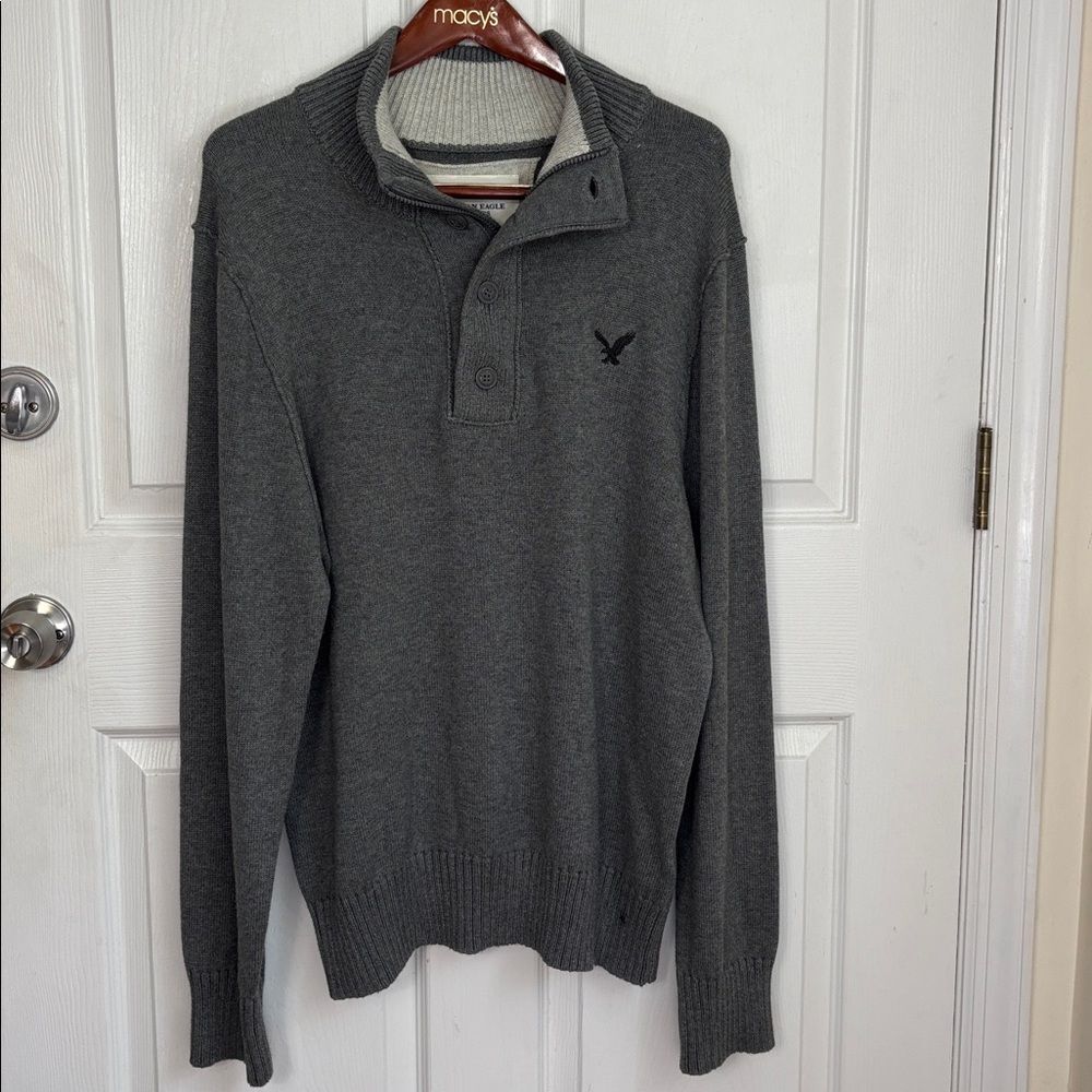 American Eagle Classic Fit Gray 1/4 button up pullover sweater shawl collar XL